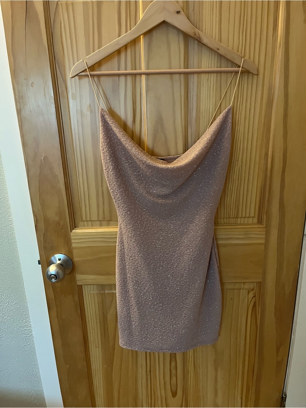 Windsor Glitter Cowl Neck Mini Dress in Blush